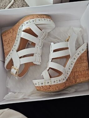 White Cork Wedge Sandals with Stud Detail